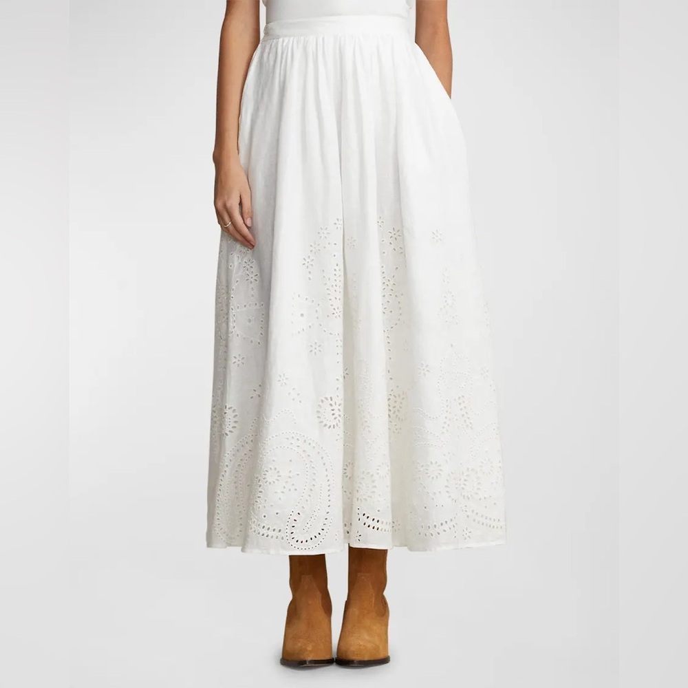 Ralph Lauren Eyelet Linen Midi Skirt White Size 6